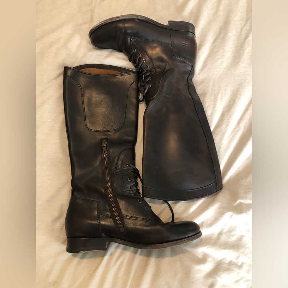 Frye tall leather lace front boots dark brown EUC